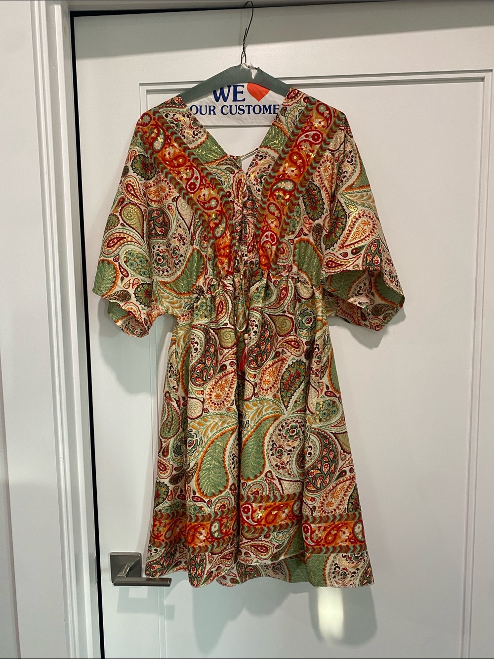 Paisley V-Neck Mini Dress in Green and Orange